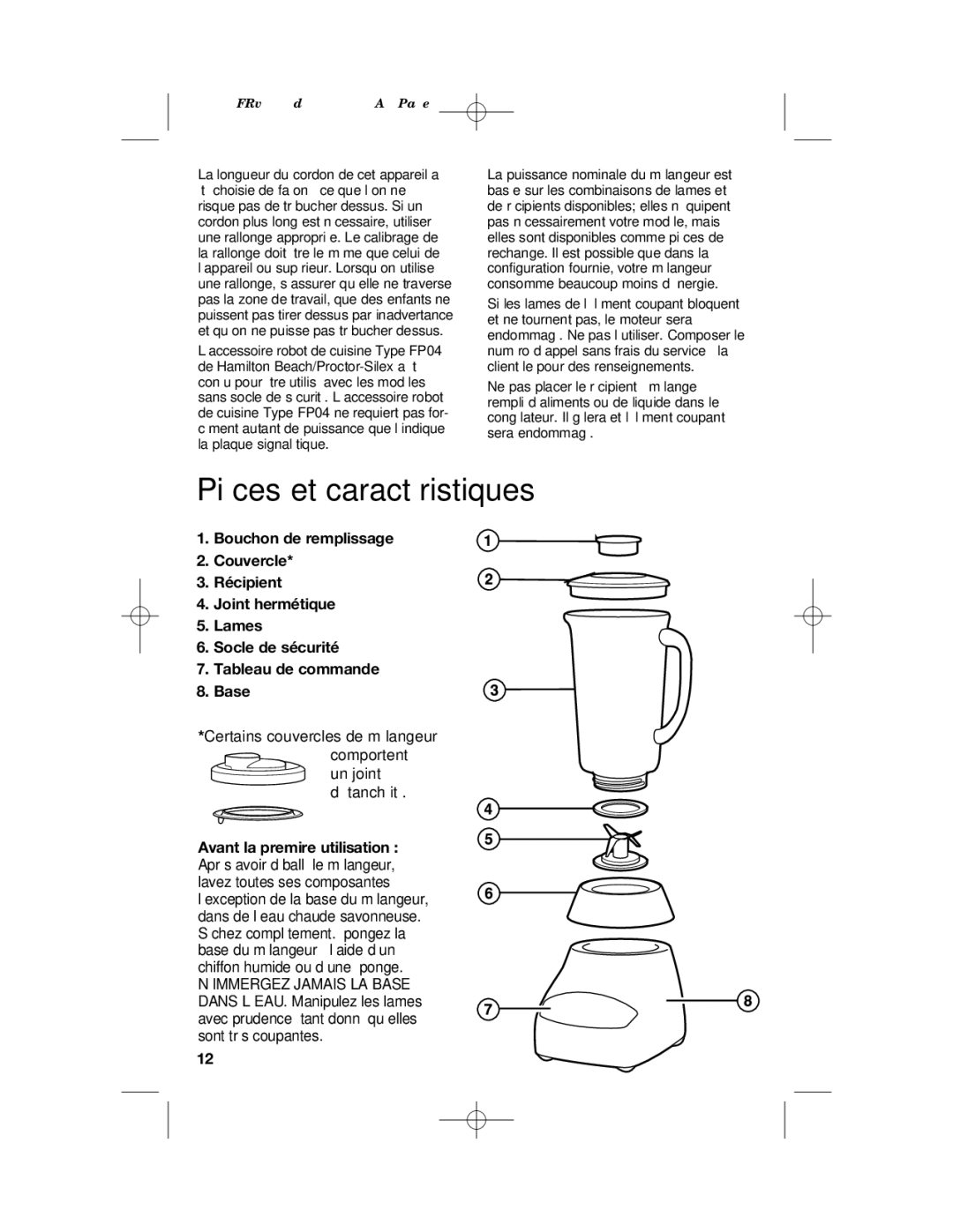 Hamilton Beach 2254 manual Pièces et caractéristiques 