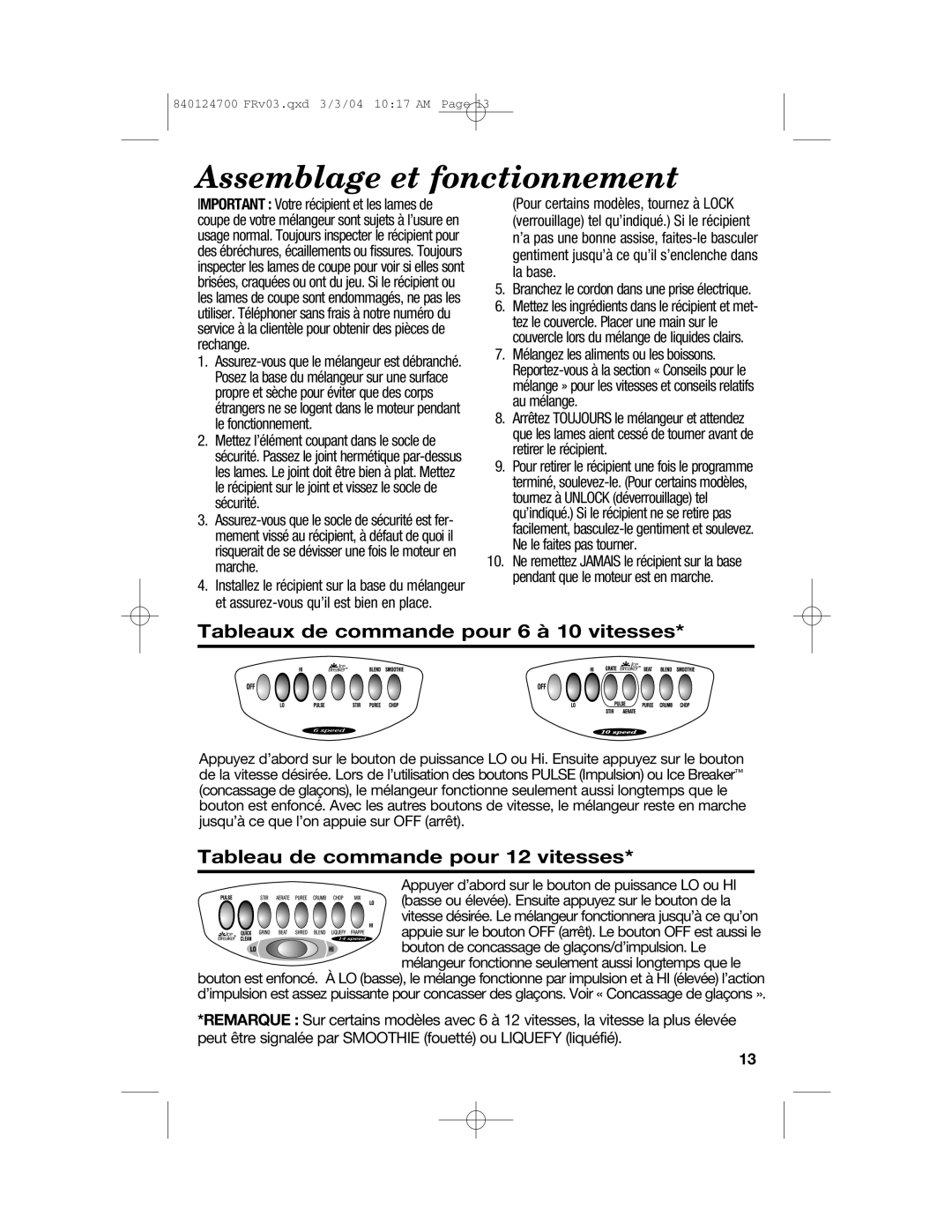 Hamilton Beach 2254 manual Tableaux de commande pour 6 à 10 vitesses, Tableau de commande pour 12 vitesses 