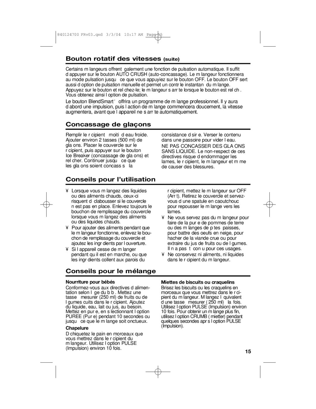 Hamilton Beach 2254 manual Bouton rotatif des vitesses suite, Concassage de glaçons, Conseils pour l’utilisation 