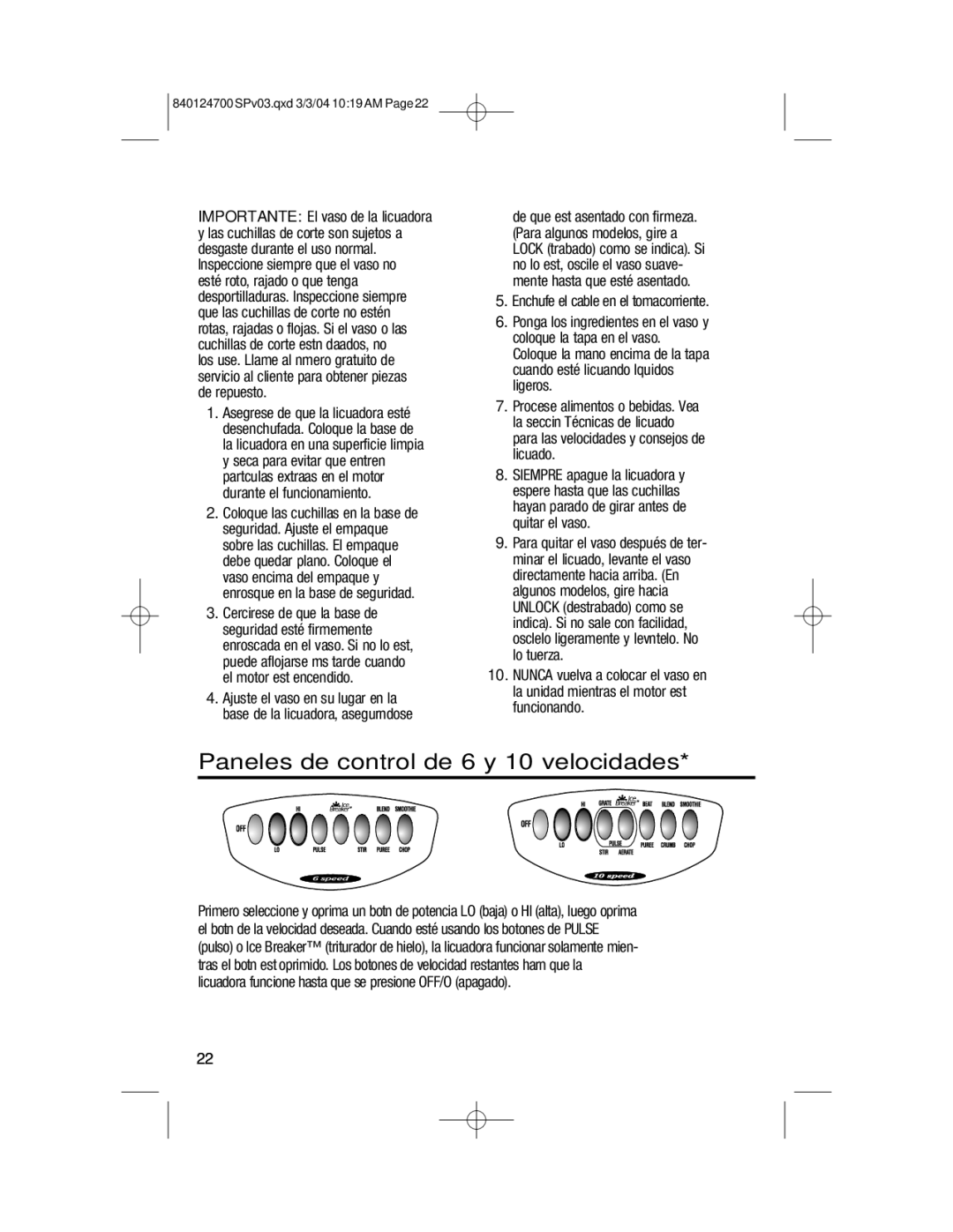 Hamilton Beach 2254 manual Cómo ensamblar y usar, Paneles de control de 6 y 10 velocidades 