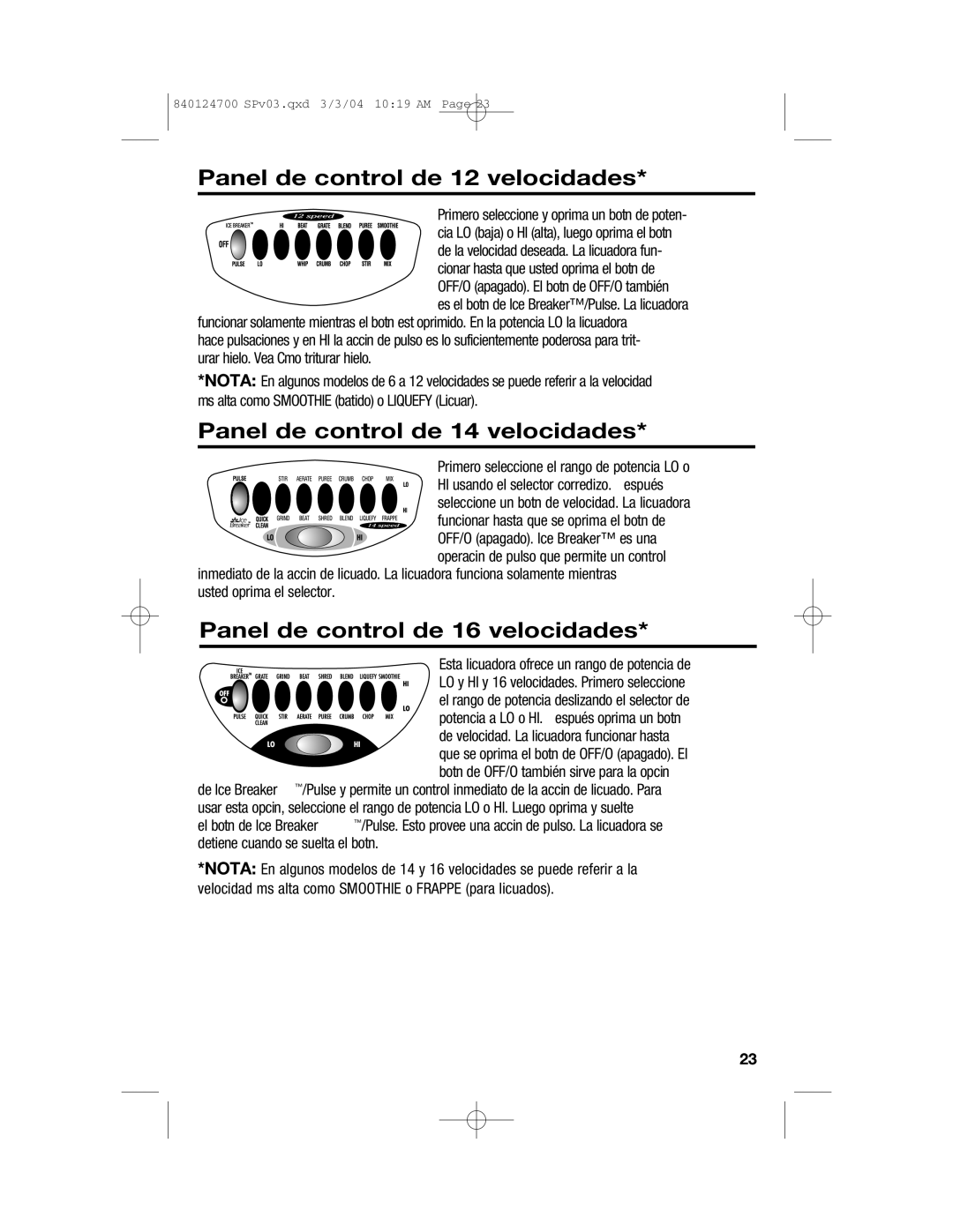 Hamilton Beach 2254 manual Panel de control de 12 velocidades, Panel de control de 14 velocidades 