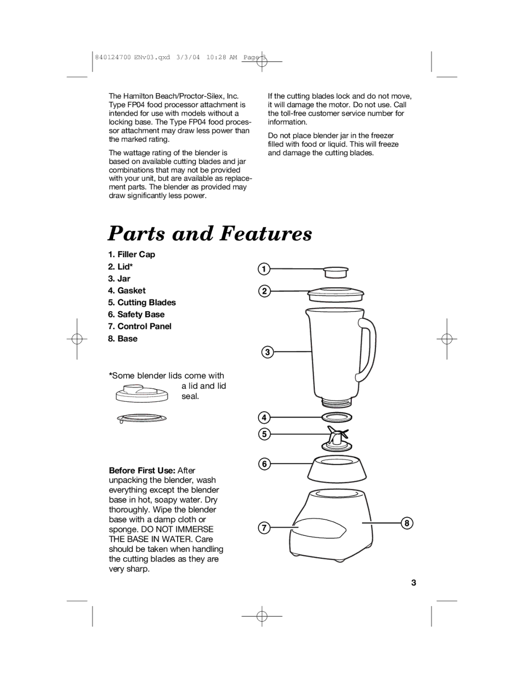 Hamilton Beach 2254 manual Parts and Features 