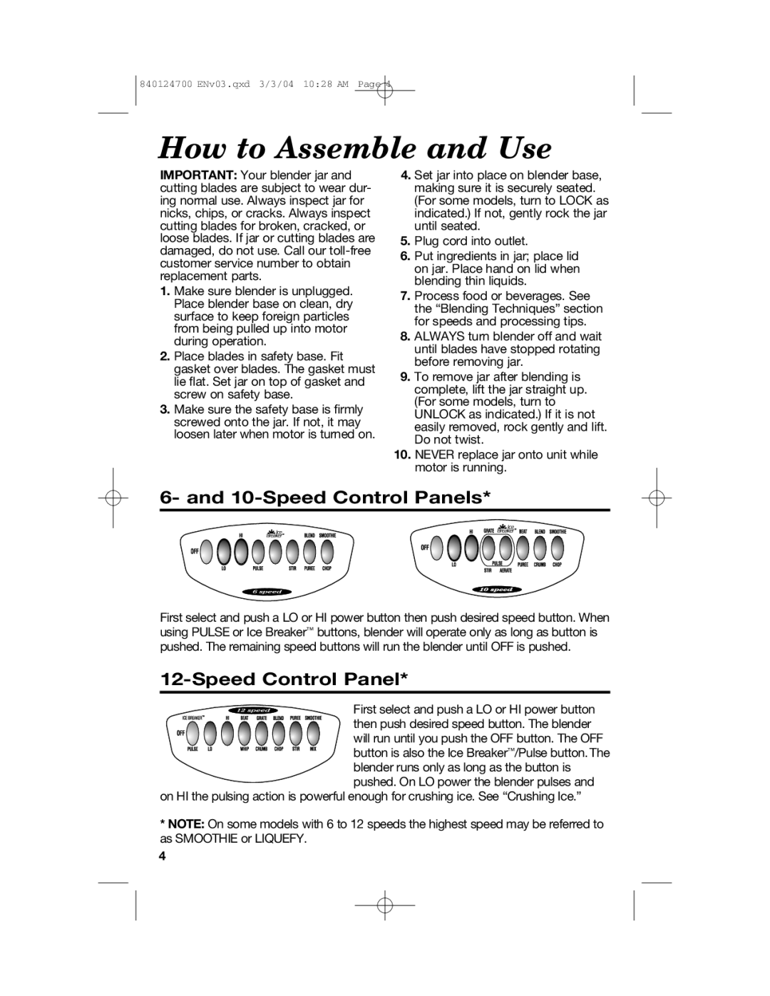 Hamilton Beach 2254 manual How to Assemble and Use, Speed Control Panels 