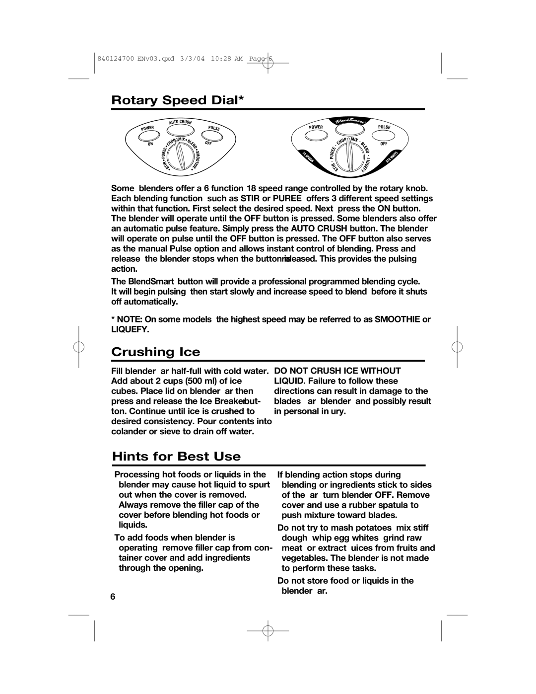 Hamilton Beach 2254 manual Rotary Speed Dial, Crushing Ice, Hints for Best Use 