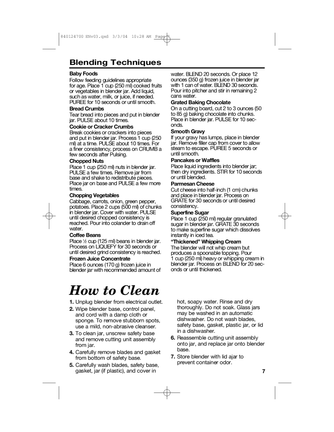 Hamilton Beach 2254 manual How to Clean, Blending Techniques 