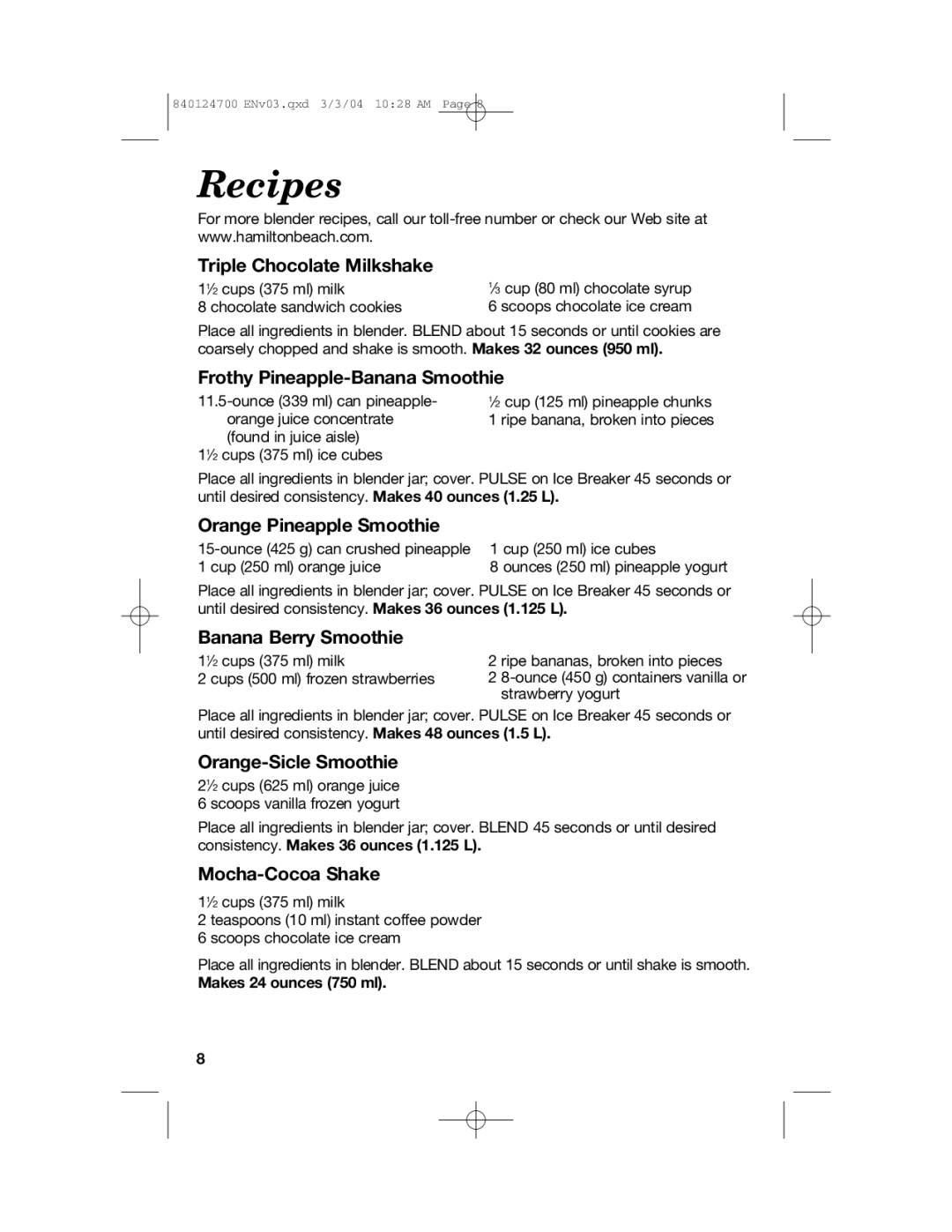 Hamilton Beach 2254 manual Recipes 