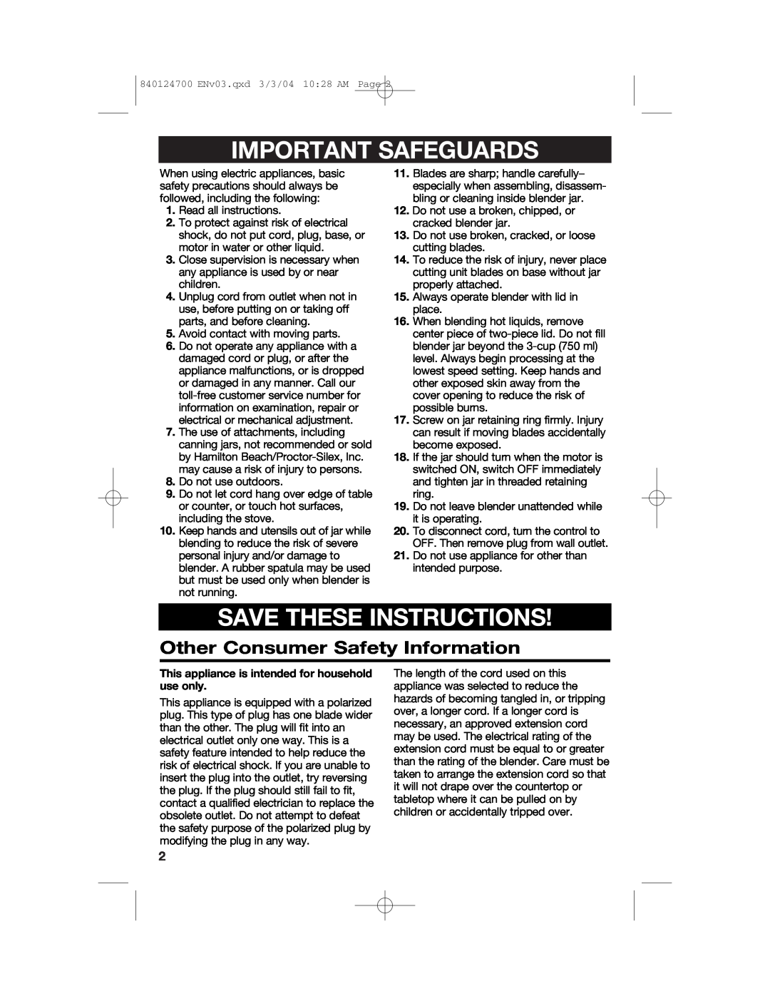 Hamilton Beach 2254 manual Important Safeguards, Save These Instructions, Other Consumer Safety Information 