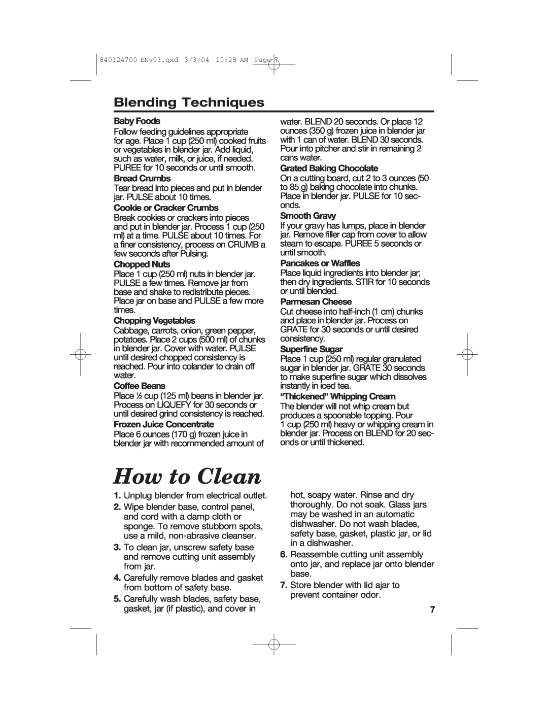 Hamilton Beach 2254 manual How to Clean, Blending Techniques 
