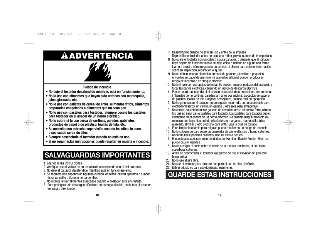 Hamilton Beach 22625C manual Advertencia, Riesgo de incendio 