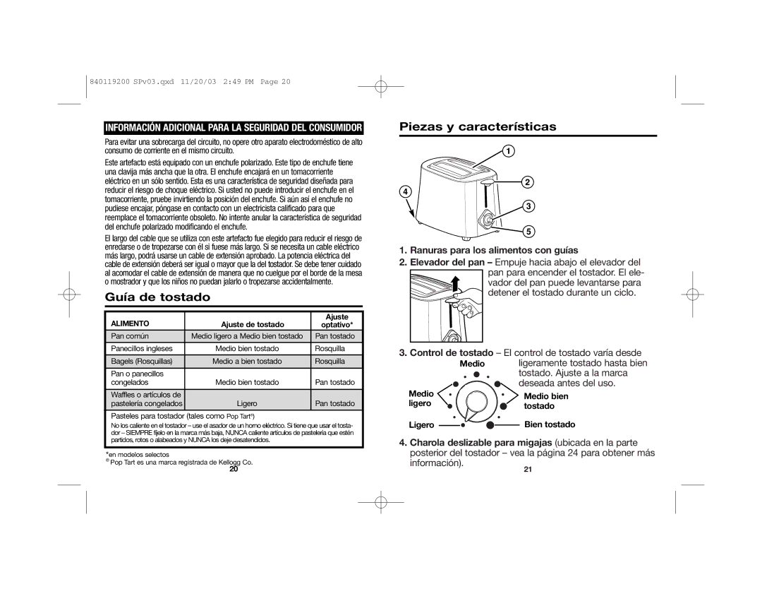 Hamilton Beach 22625C manual Guía de tostado, Piezas y características, Ranuras para los alimentos con guías 