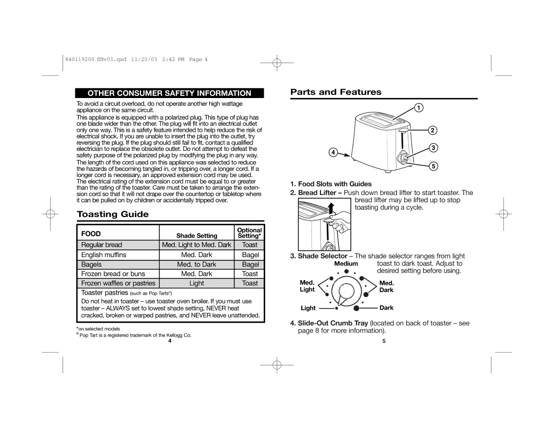 Hamilton Beach 22625C manual Toasting Guide, Parts and Features, Food Slots with Guides, Desired setting before using 