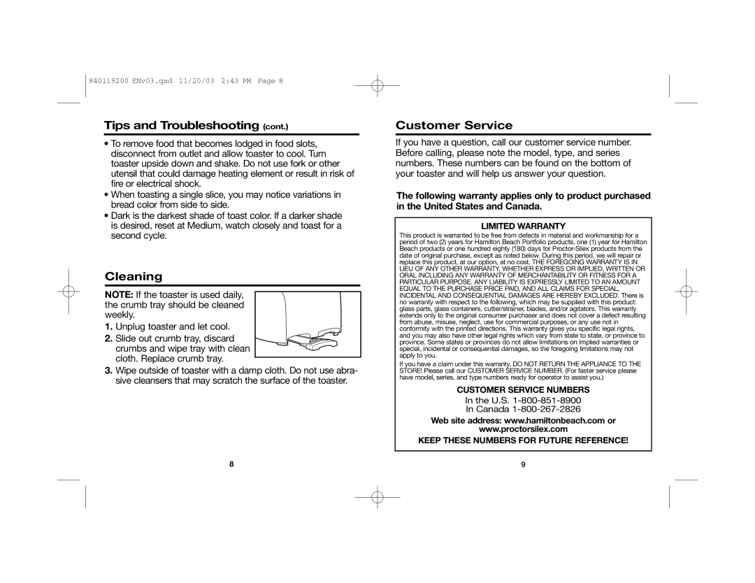 Hamilton Beach 22625C manual Cleaning, Customer Service 