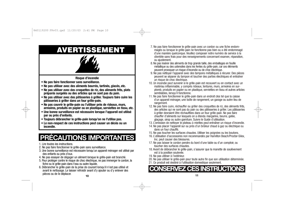 Hamilton Beach 22625C manual Avertissement, Risque d’incendie Ne pas faire fonctionner sans surveillance 