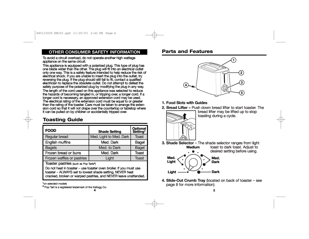 Hamilton Beach 22625C manual Toasting Guide, Parts and Features, Other Consumer Safety Information 