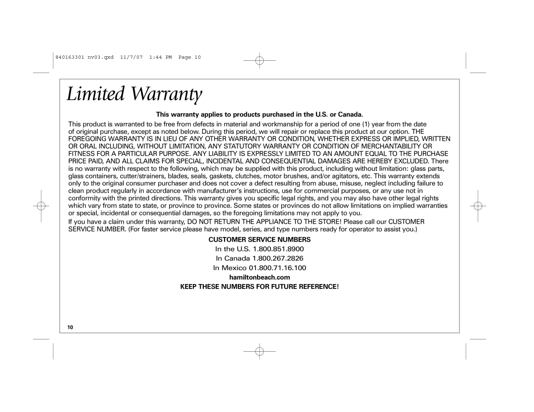 Hamilton Beach 22703, 22708, 24708 manual Limited Warranty, Customer Service Numbers, Hamiltonbeach.com 