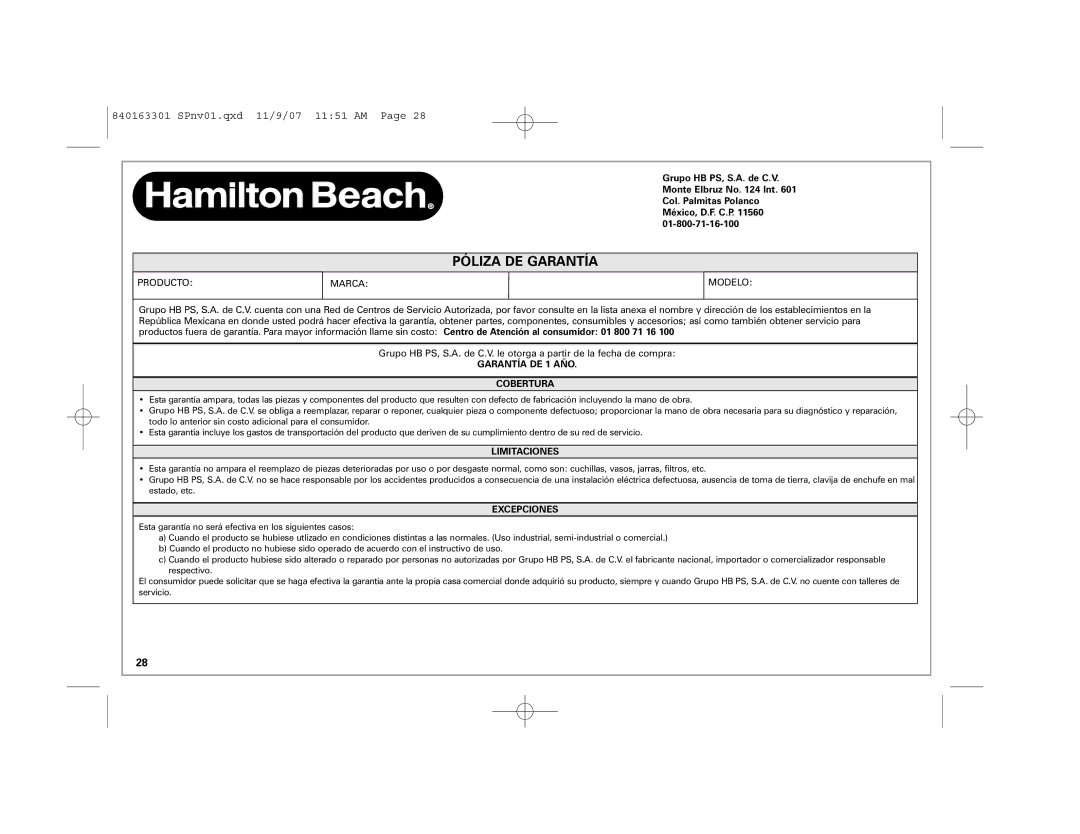 Hamilton Beach 22703, 22708, 24708 manual Póliza DE Garantía, Marca Modelo 