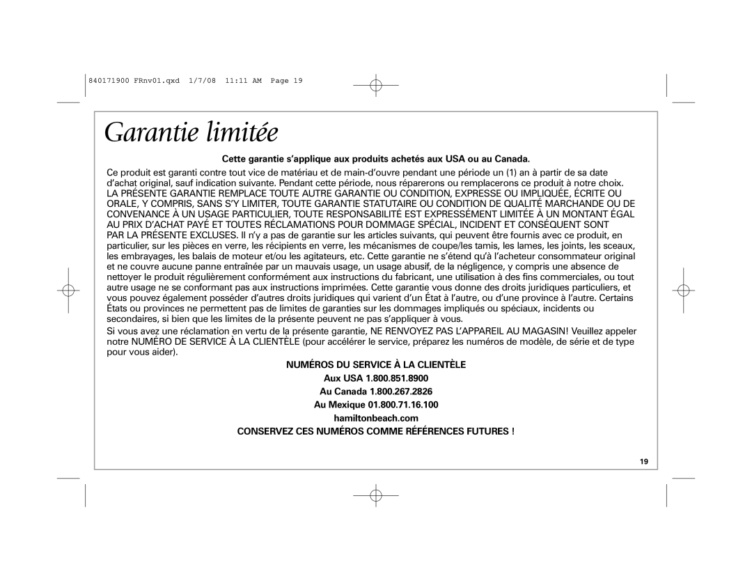 Hamilton Beach 22709C Garantie limitée, Numéros DU Service À LA Clientèle, Aux USA Au Canada Au Mexique Hamiltonbeach.com 