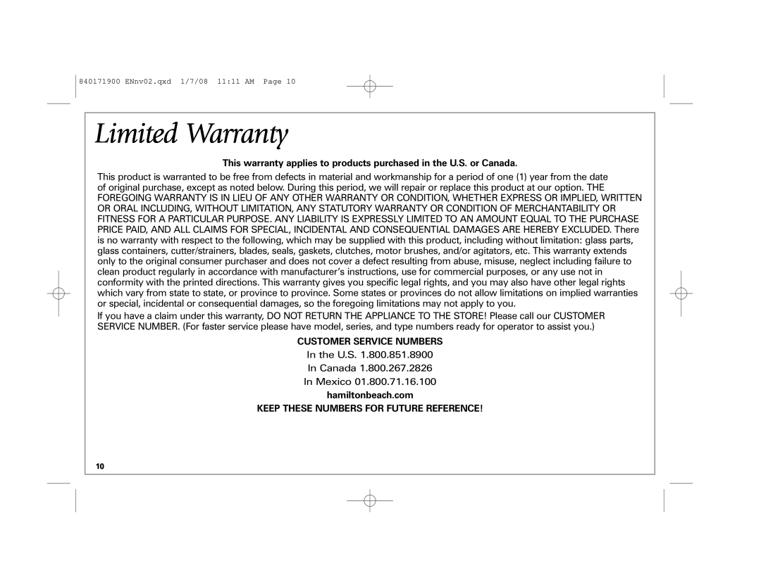 Hamilton Beach 22709C manual Limited Warranty, This warranty applies to products purchased in the U.S. or Canada 