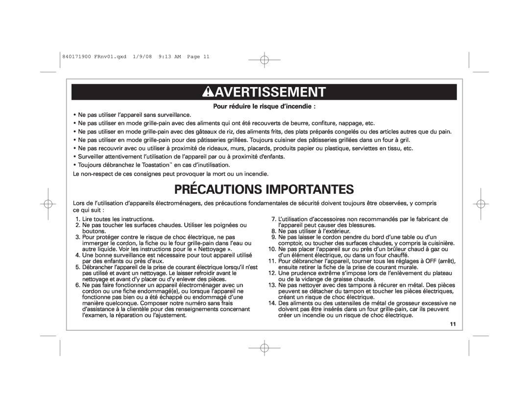 Hamilton Beach 22709C manual wAVERTISSEMENT, Précautions Importantes, Pour réduire le risque d’incendie 