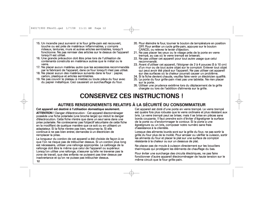Hamilton Beach 22709C manual Conservez Ces Instructions, Autres Renseignements Relatifs À La Sécurité Du Consommateur 