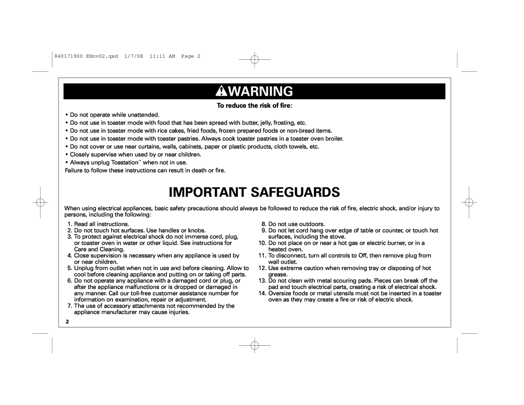 Hamilton Beach 22709C manual wWARNING, Important Safeguards, To reduce the risk of fire 