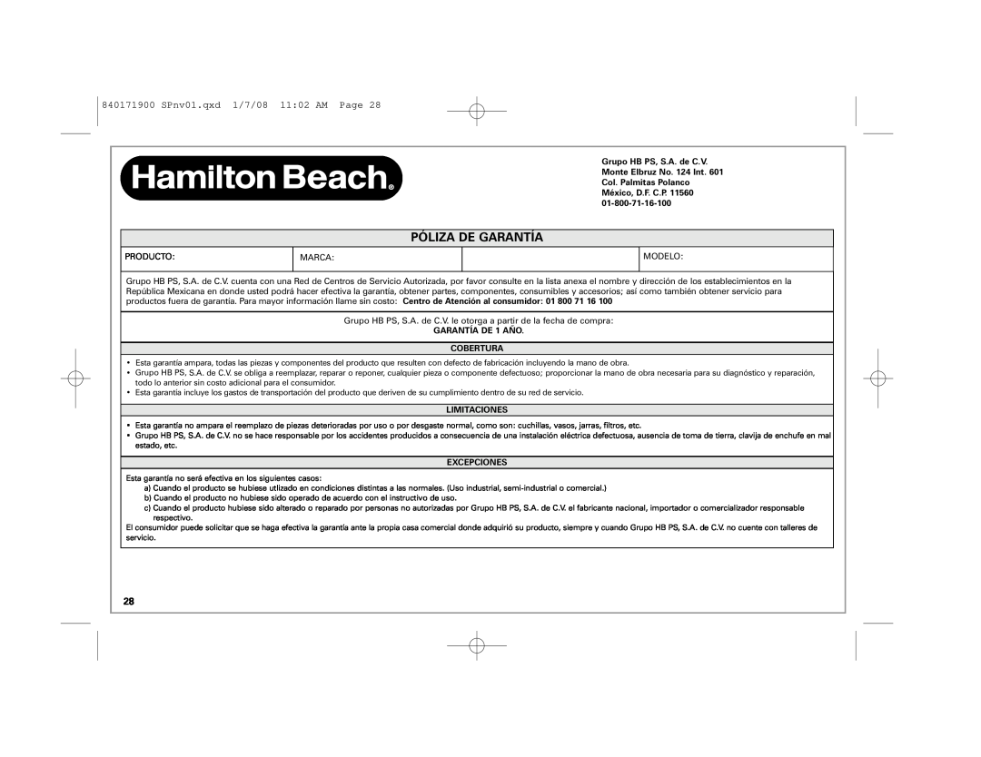 Hamilton Beach 22709C manual Póliza De Garantía, SPnv01.qxd 1/7/08 1102 AM Page, GARANTÍA DE 1 AÑO COBERTURA, Limitaciones 