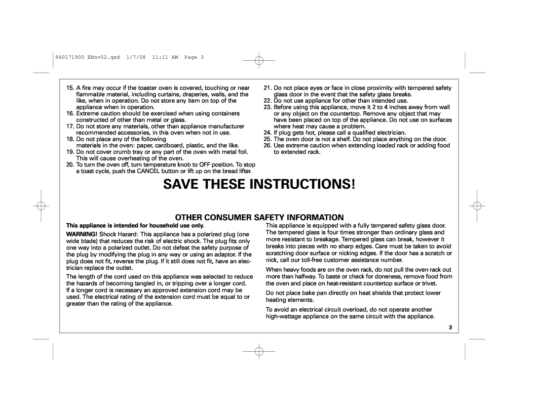 Hamilton Beach 22709C manual Save These Instructions, Other Consumer Safety Information 