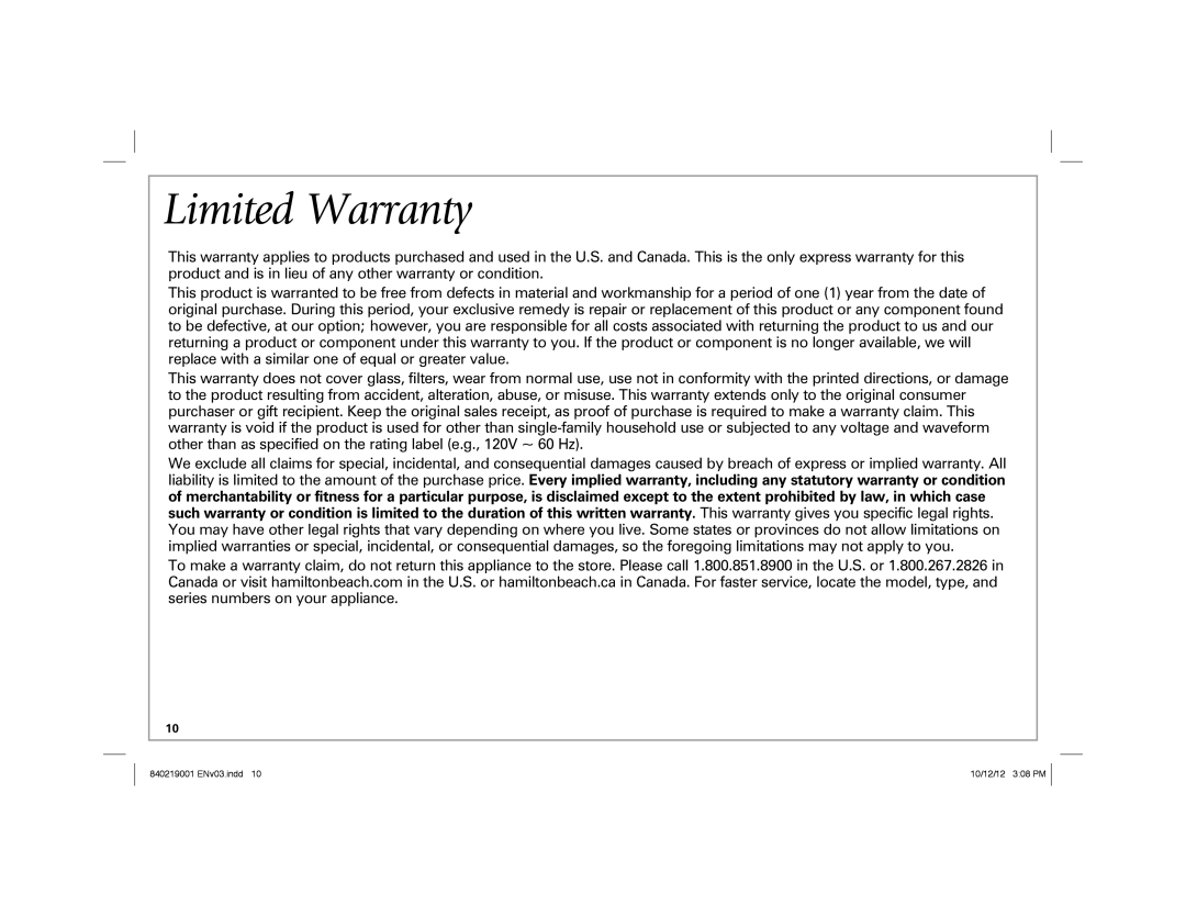 Hamilton Beach 22720 manual Limited Warranty 