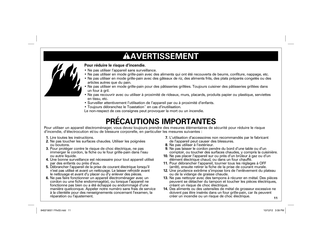 Hamilton Beach 22720 manual Pour réduire le risque d’incendie, Créer un incendie ou un risque de choc électrique 