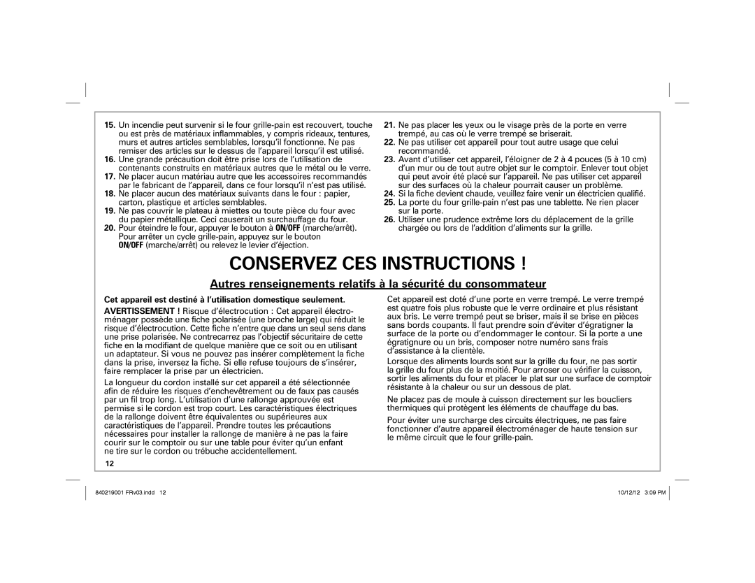 Hamilton Beach 22720 manual Conservez CES Instructions 