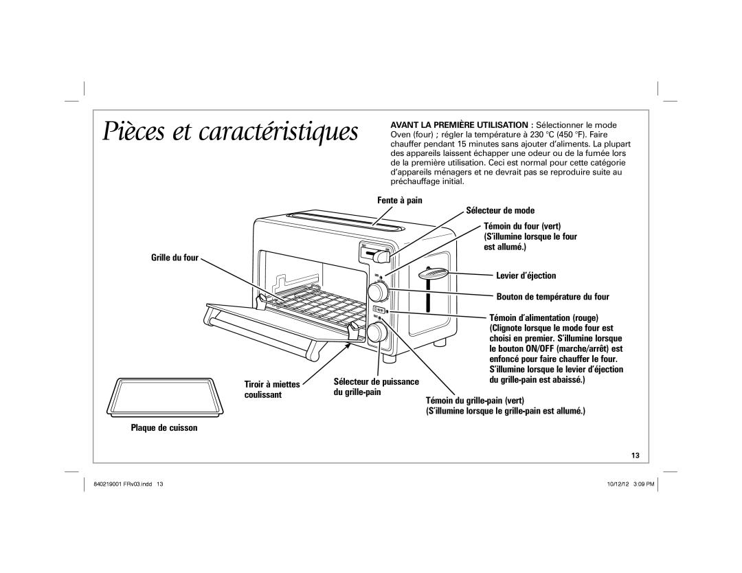 Hamilton Beach 22720 manual Grille du four Fente à pain Sélecteur de mode, Levier d’éjection, Plaque de cuisson 