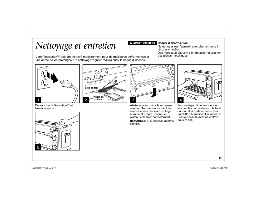 Hamilton Beach 22720 manual Nettoyage et entretien, Remarque Le ramasse-miettes est fixe 