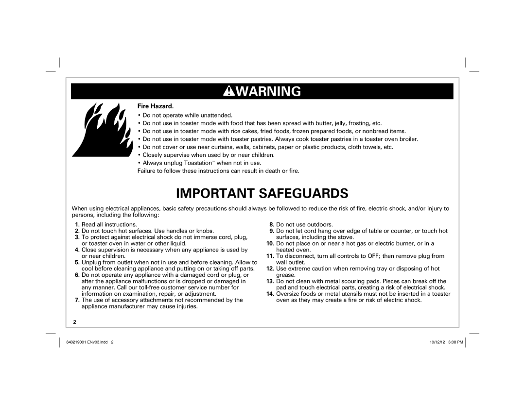 Hamilton Beach 22720 manual Wwarning, Fire Hazard 