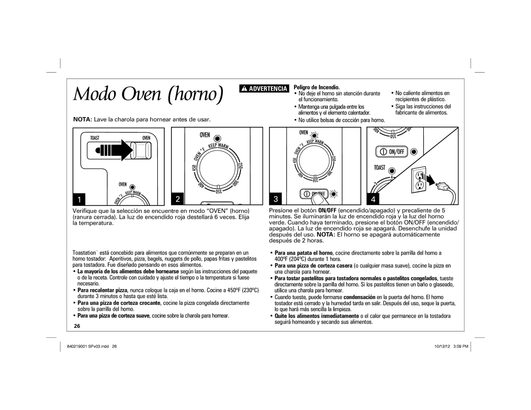 Hamilton Beach 22720 manual Modo Oven horno, Peligro de Incendio, El funcionamiento 