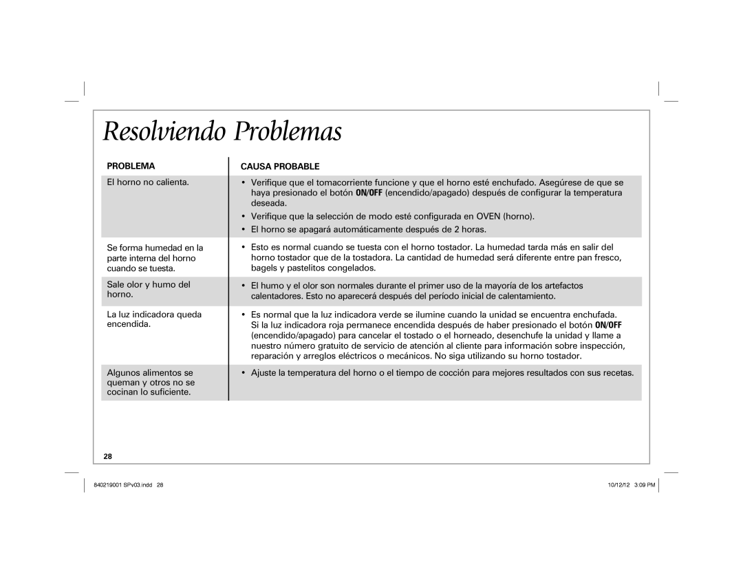 Hamilton Beach 22720 manual Resolviendo Problemas, Problema Causa Probable 