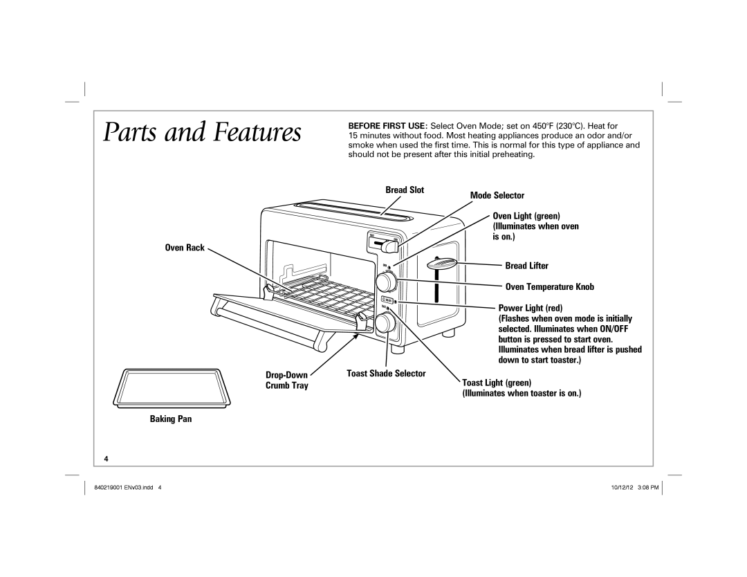 Hamilton Beach 22720 manual Parts and Features, Oven Rack Drop-Down Crumb Tray Baking Pan 