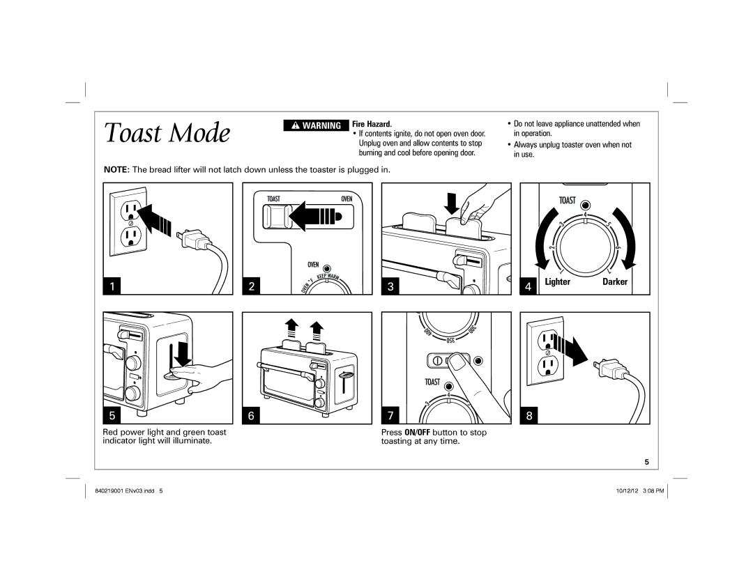 Hamilton Beach 22720 manual Toast Mode, Lighter, Fire Hazard 