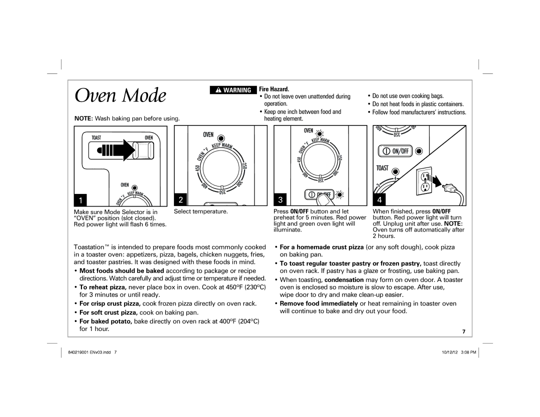 Hamilton Beach 22720 manual Oven Mode, For soft crust pizza, cook on baking pan 