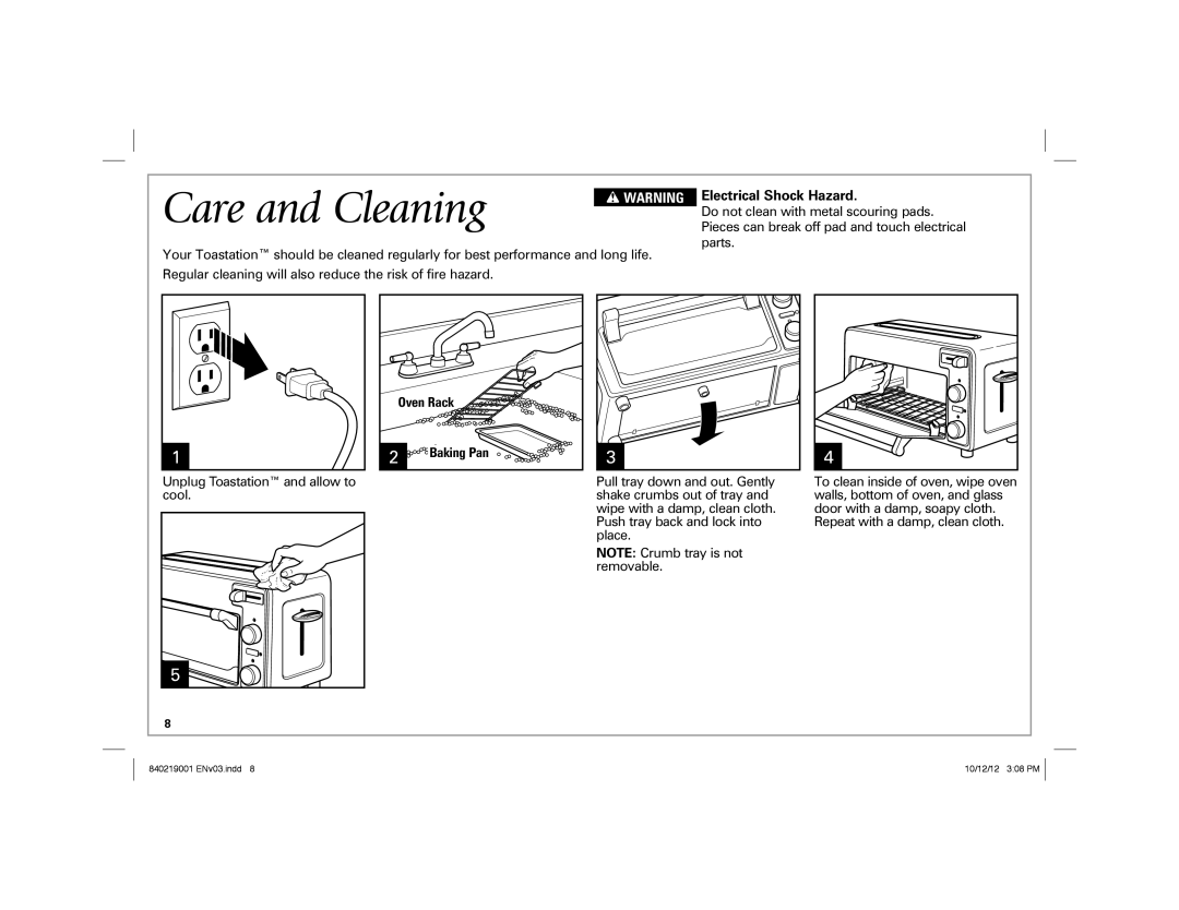 Hamilton Beach 22720 manual Care and Cleaning, Electrical Shock Hazard, Oven Rack Baking Pan 