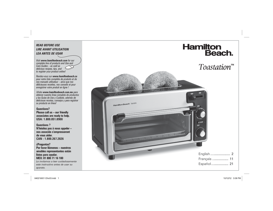 Hamilton Beach 22720 manual Toastation, Read Before Use, English, Français, Español 