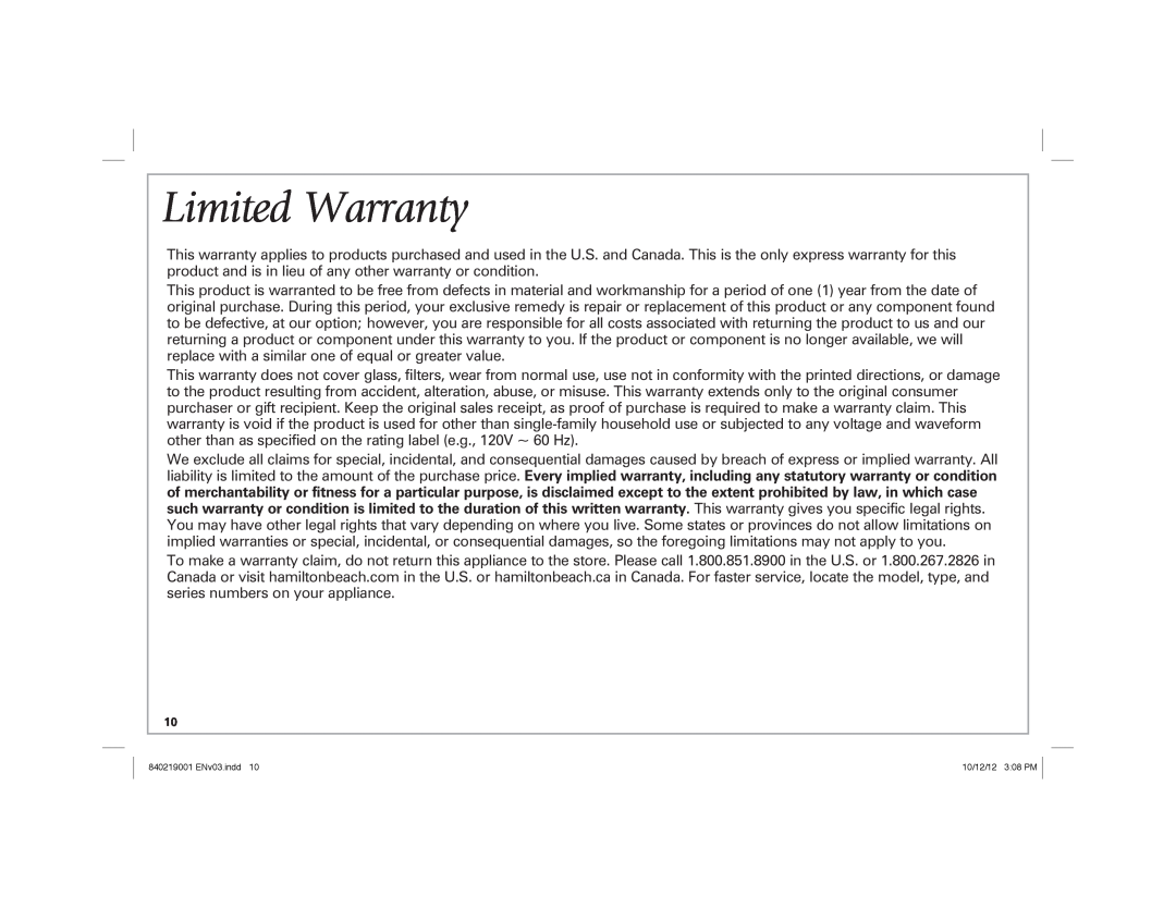 Hamilton Beach 22720 manual Limited Warranty 