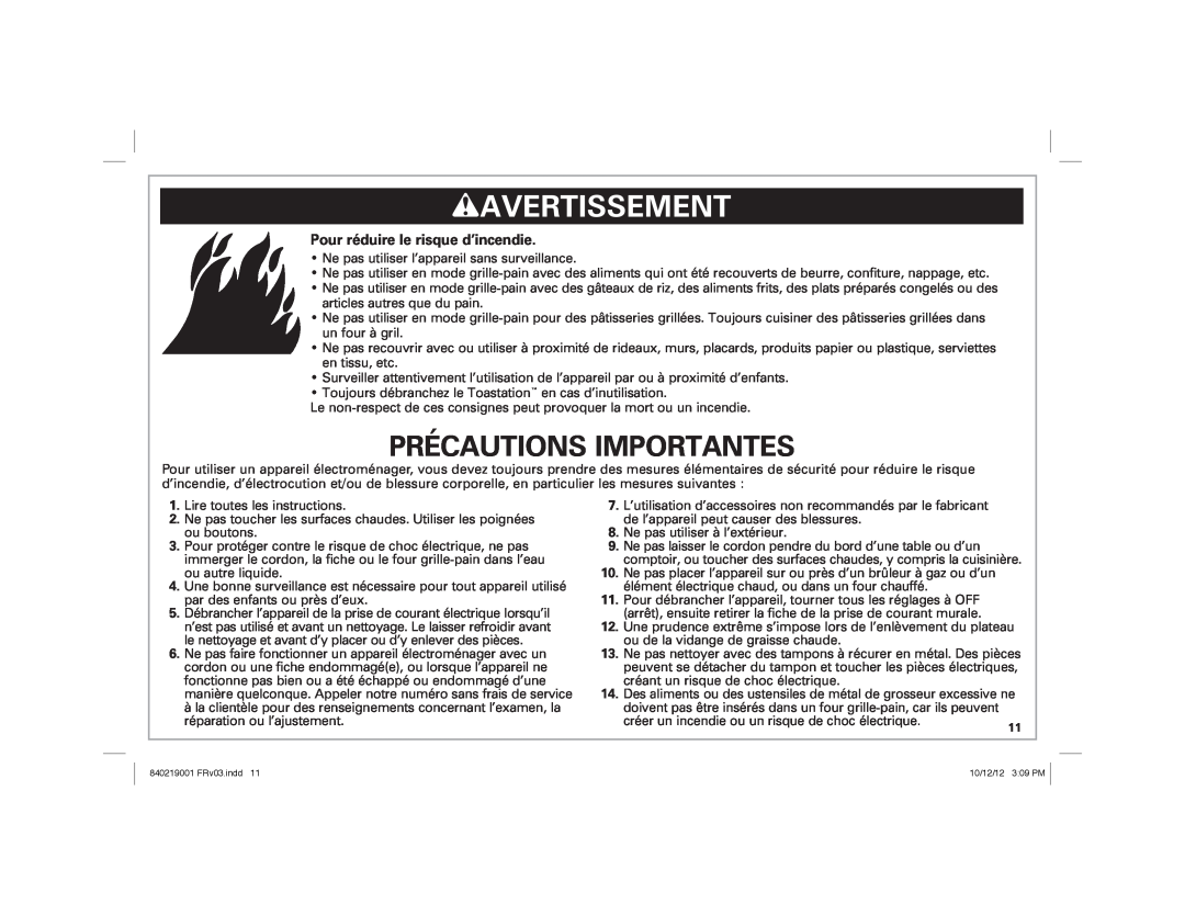 Hamilton Beach 22720 manual wAVERTISSEMENT, Précautions Importantes, Pour réduire le risque d’incendie 