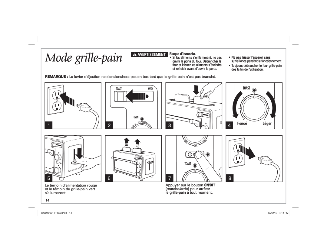 Hamilton Beach 22720 manual Mode grille-pain, Foncé, w AVERTISSEMENT 