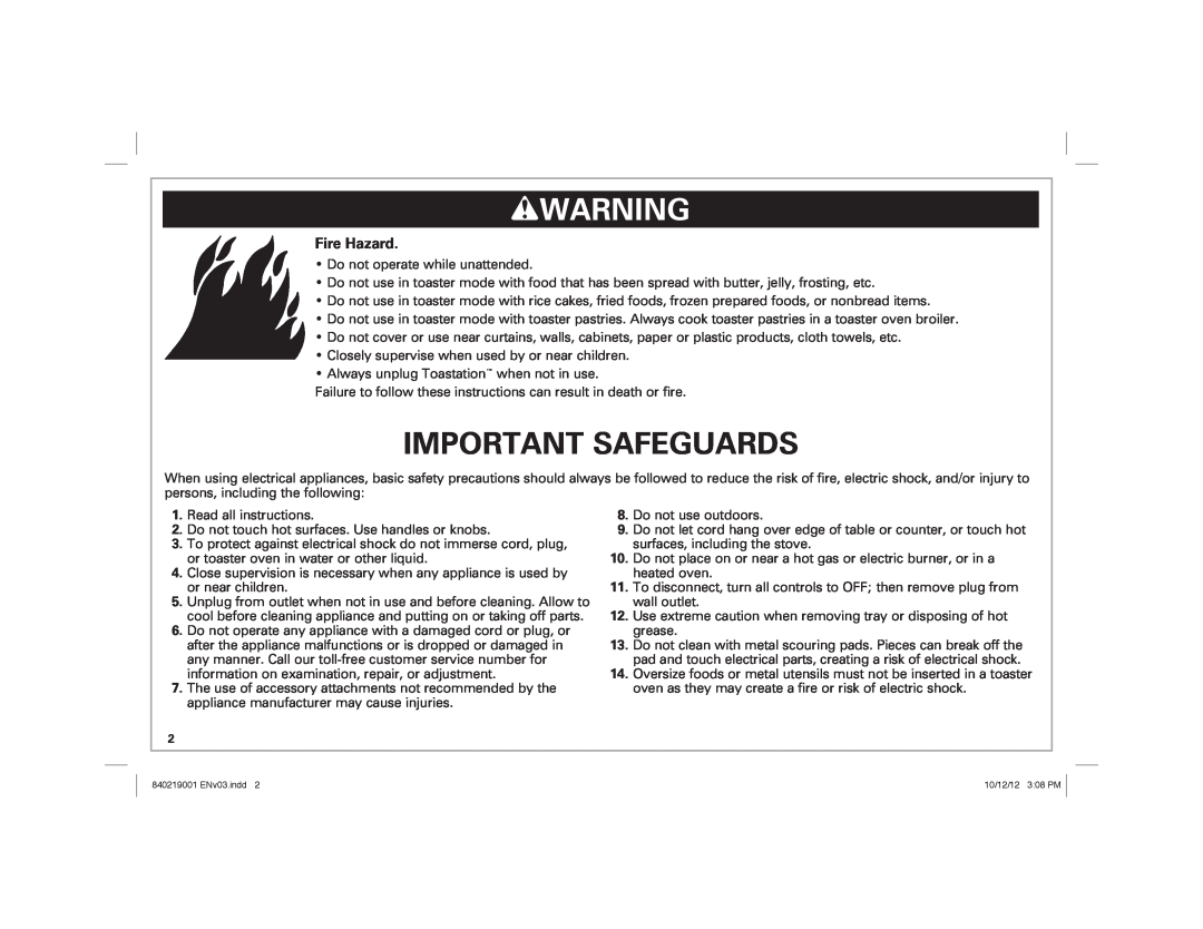 Hamilton Beach 22720 manual wWARNING, Important Safeguards, Fire Hazard 