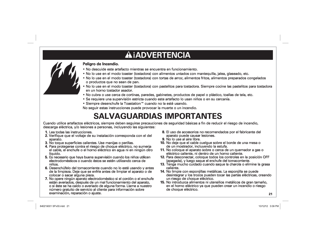 Hamilton Beach 22720 manual w¡ADVERTENCIA, Salvaguardias Importantes, Peligro de Incendio 