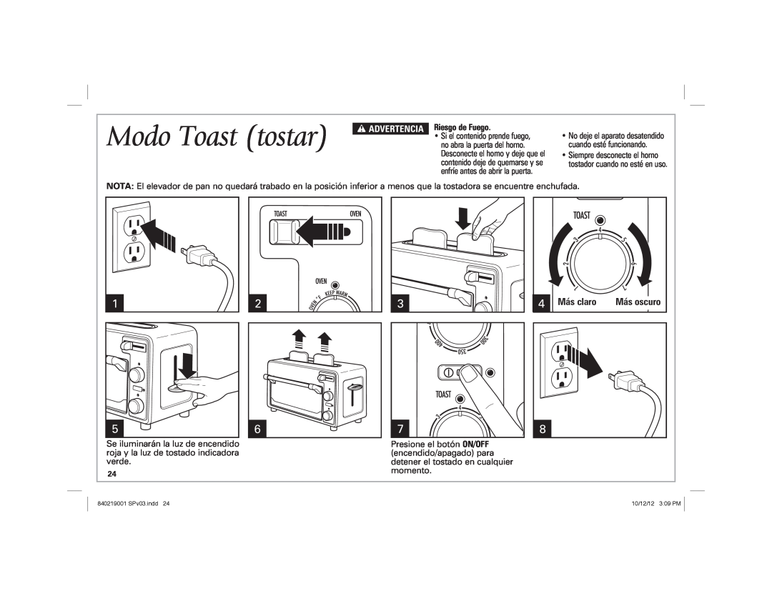 Hamilton Beach 22720 manual Modo Toast tostar, 4 Más claro, w ADVERTENCIA 