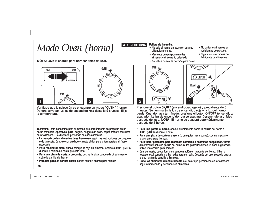 Hamilton Beach 22720 manual Modo Oven horno, w ADVERTENCIA 