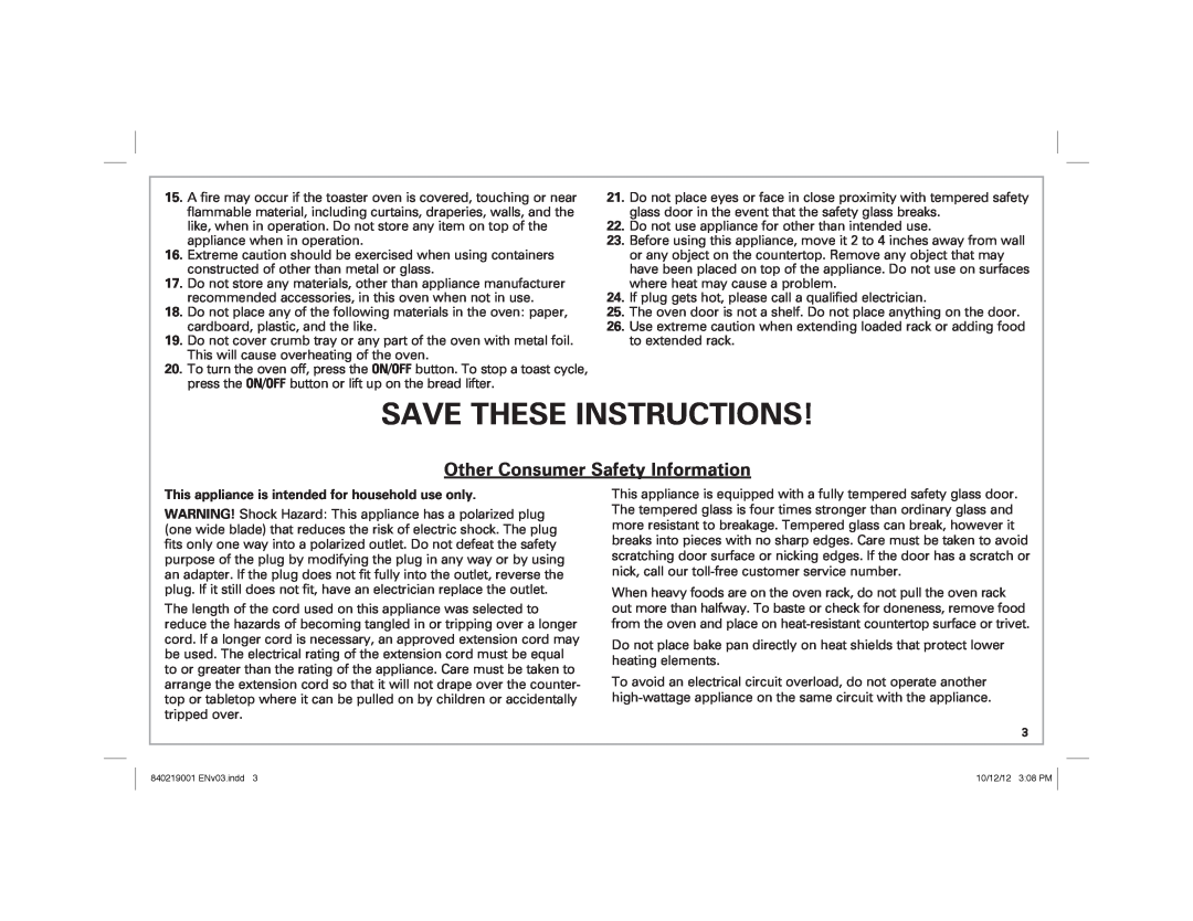 Hamilton Beach 22720 manual Save These Instructions, Other Consumer Safety Information 