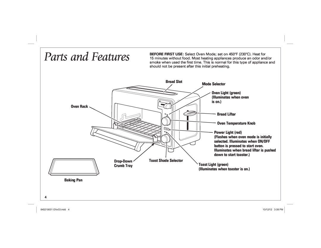 Hamilton Beach 22720 manual Parts and Features, Oven Rack Drop-Down Crumb Tray Baking Pan 