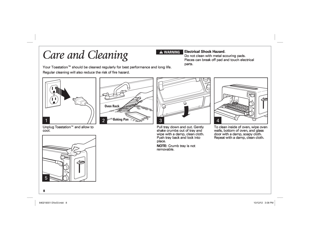 Hamilton Beach 22720 manual Care and Cleaning, Electrical Shock Hazard, w WARNING 